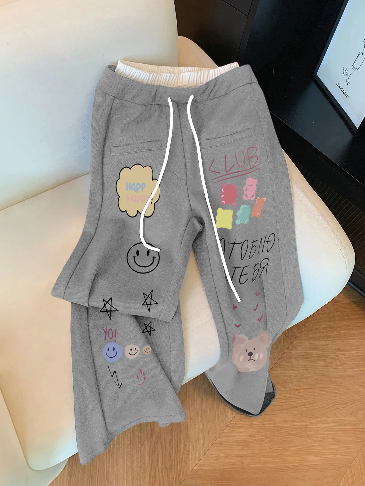 캐주얼 하이웨이스트 패치워크 스포츠 팬츠 남녀공용 봄 가을 스트레이트 레깅스 바지 안티에이징 프린트 드로스트링