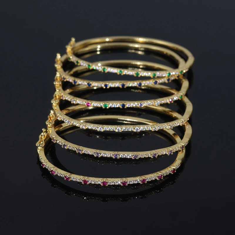 Thin Colorful CZ Paved Gold Color Bangle For Women Micro Paved 5A Cubic Zirconia Sparking Fashion Jewelry