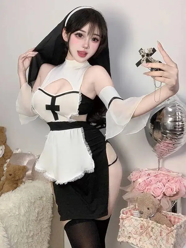 زي راهبة مثير زي تنكري للنساء فستان بفتحة رقبة رسن مع تصميم متقاطع وغطاء رأس لحفلات الهالوين LZS2