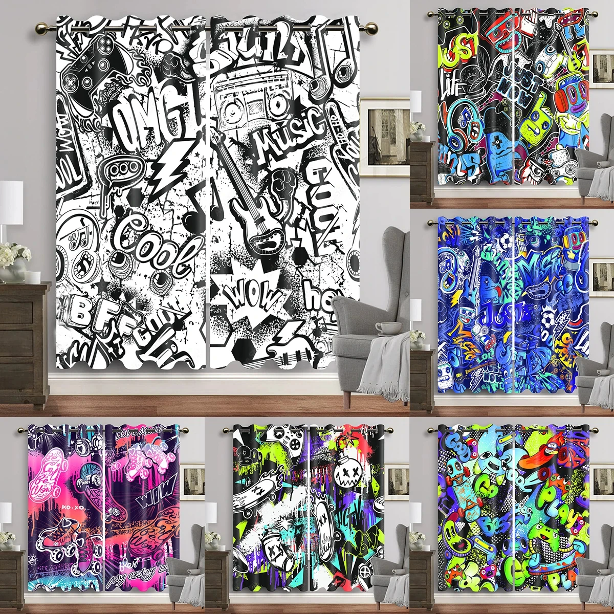 

Cartoon Game Gamepad Graffiti Rock Music Window Curtain Blinds For Living Room Kids Bedroom Bathroom Kicthen Door Home Decor2Pcs