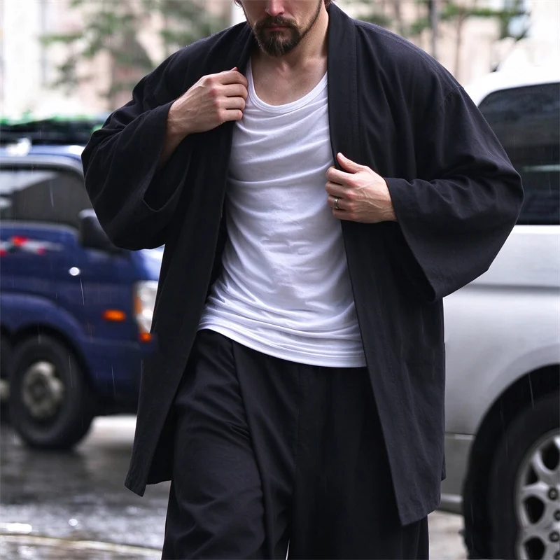 Traditioneller japanischer Kimono-Cardigan, Yukata, Haori, Herren-Hemdjacke, Vintage-Harajuku-Samurai-Kostüm, lockere schwarze Jacke