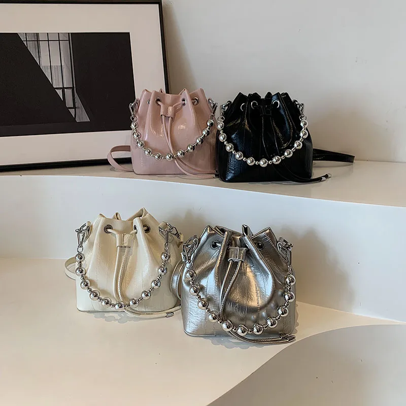 Chain Beaded Bucket Bags for Women Fashion Elegant PU Leather Shoulder Bags Female Solid Color Designer Luxury Handbags 2024