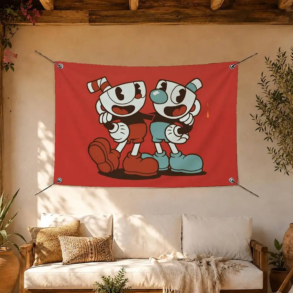 Retro Game Cuphead Flags Room Home Decor Wall‑Hanging Art Banner, Outdoor for Bedroom Party Background Decoration