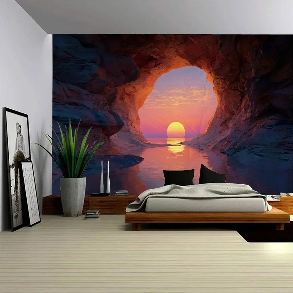 Stunning Sunset Cave Entrance Mural Wall Tapestry Large Room Decor Ocean View Tropical Landscape Art
