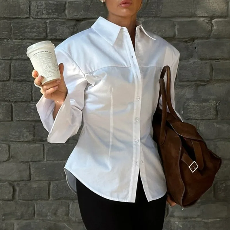 EAEOVNI Weißes, modisches Hemd mit geraffter Taille für Damen, Revers, lange Ärmel, einfarbig, Knopf, vielseitige Tops, 2025, Neu 1A1677