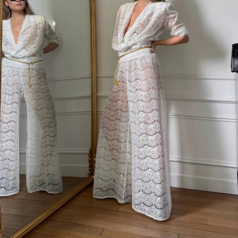 

Casual Long Sleeve Perspective White Suit Sexy Swinging Collar Top & Pant Sets Elegant Lace Jacquard Hollow Long Pant 2Pc Outfit