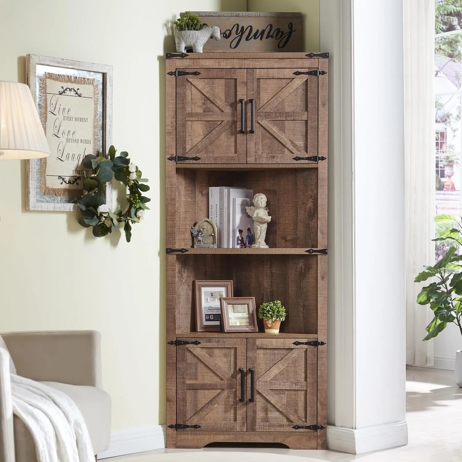 Farmhouse Corner Cabinet, Tall Corner Bathroom Storage Cabinet with Barn Door & Adjustable Shelves(Brown)