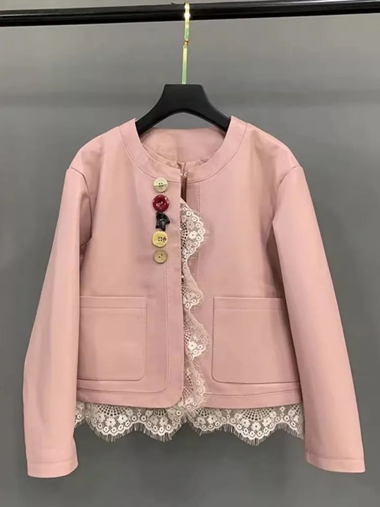Herbst Frauen Echtes Leder Jacke Mode Taste Spitze Verstärktes Büro Damen Oberbekleidung Casual Langarm O Hals Kurzen Mantel