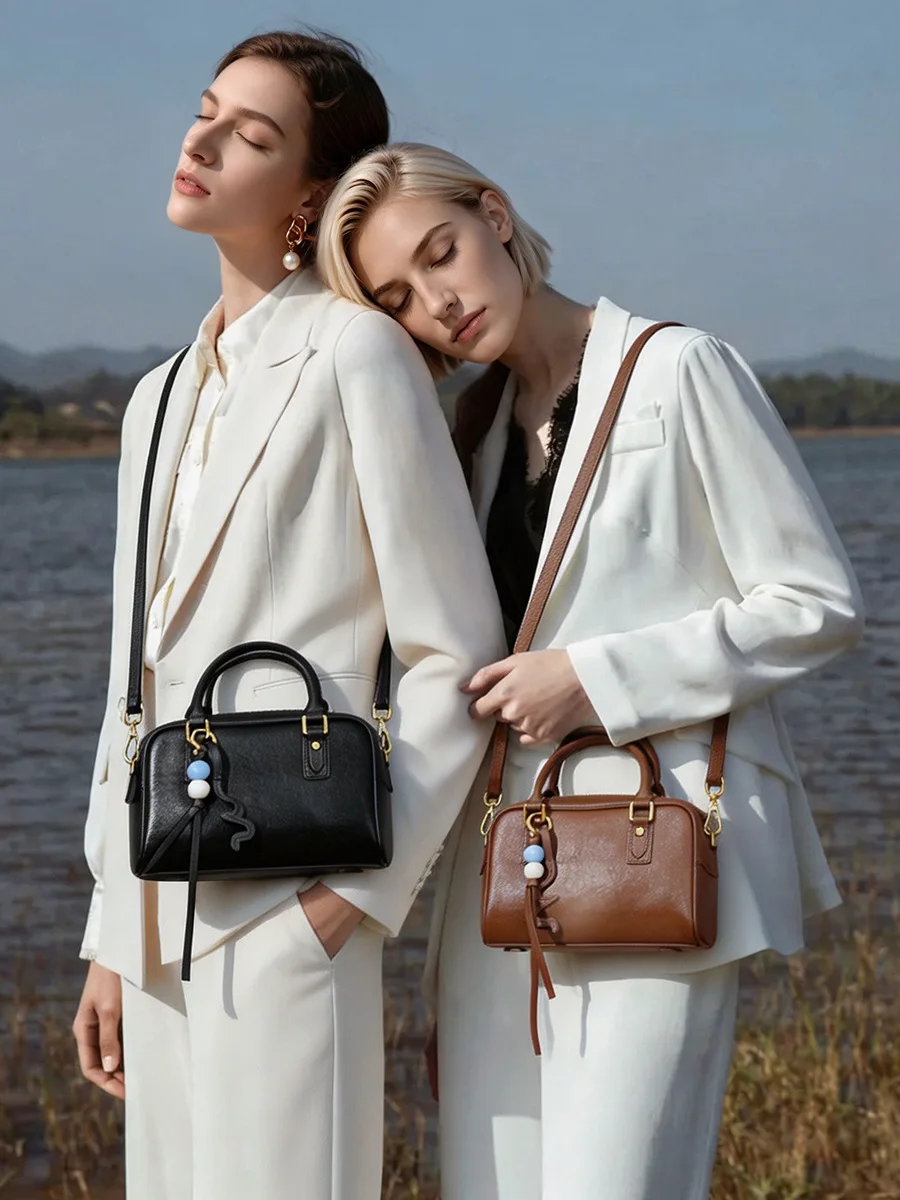 Retro Genuine Leather Women Bag New Fashion Commuter Boston Bag Top-Grade Vegetable-Tanned Leather Handbag/Shoulder Bag