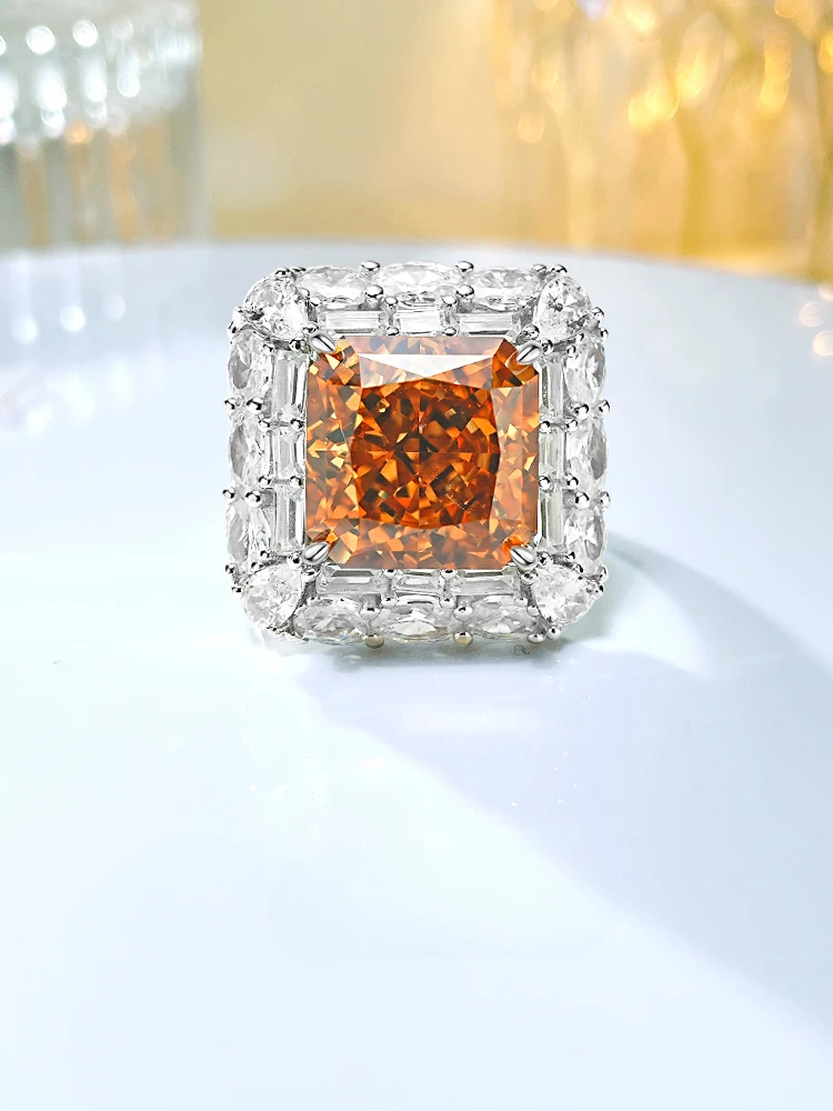 Luxury Square Diamond 925 Silver Crushed Ice Cut Ring with High Carbon Diamond Inlay, Grand and Luxurious Banquet Style