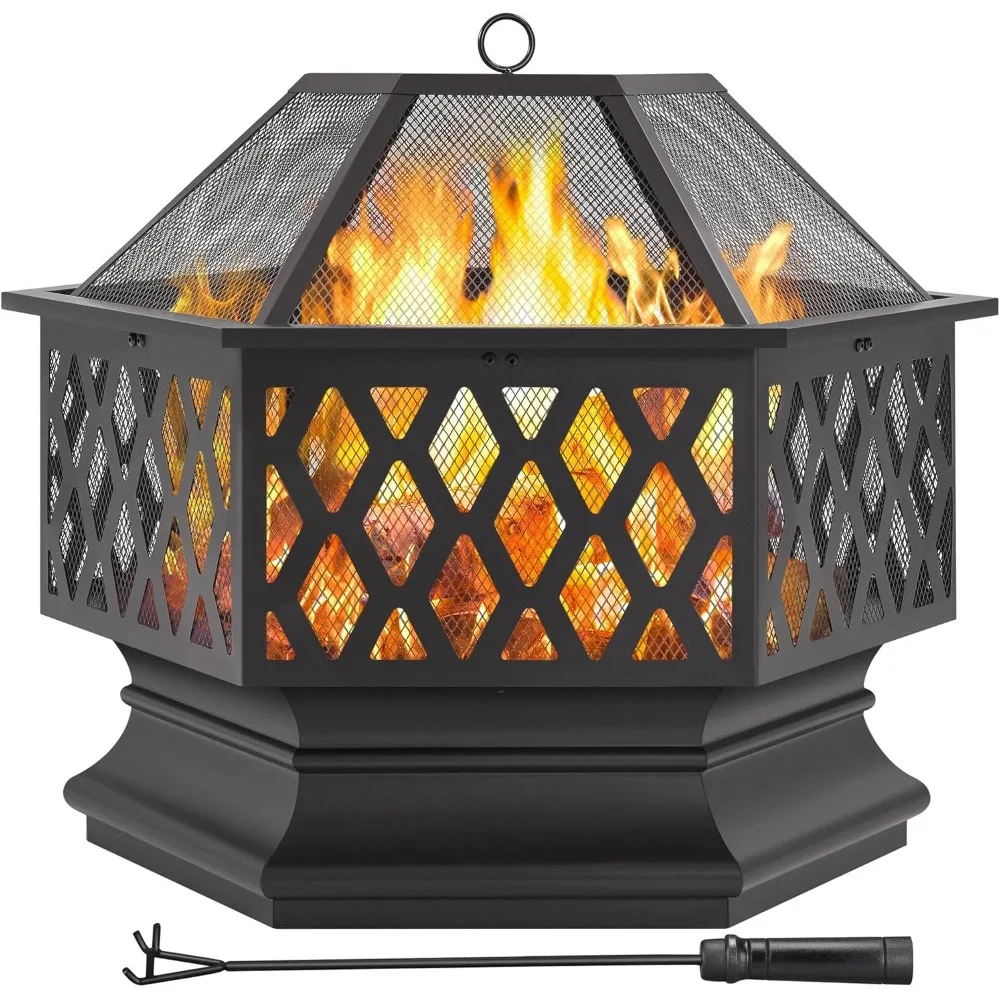 Outdoor Hexagonal Fire Pit with Spark Screen and Fire Rod, Large Wood Burning Fire Pit, Black, 28 Inch