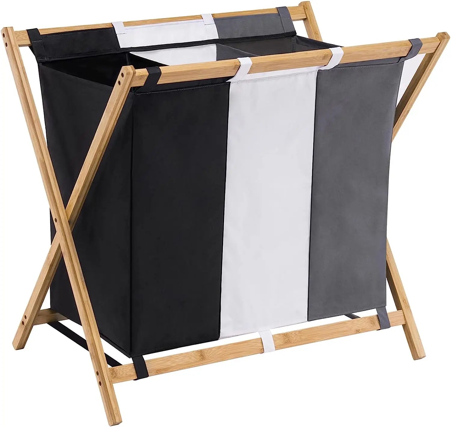 

！@Combohome X-Shape Bamboo Frame Laundry Basket 3 Compartments Collapsible Laundry Bag Dirty Laundry Sorter Basket Hamper