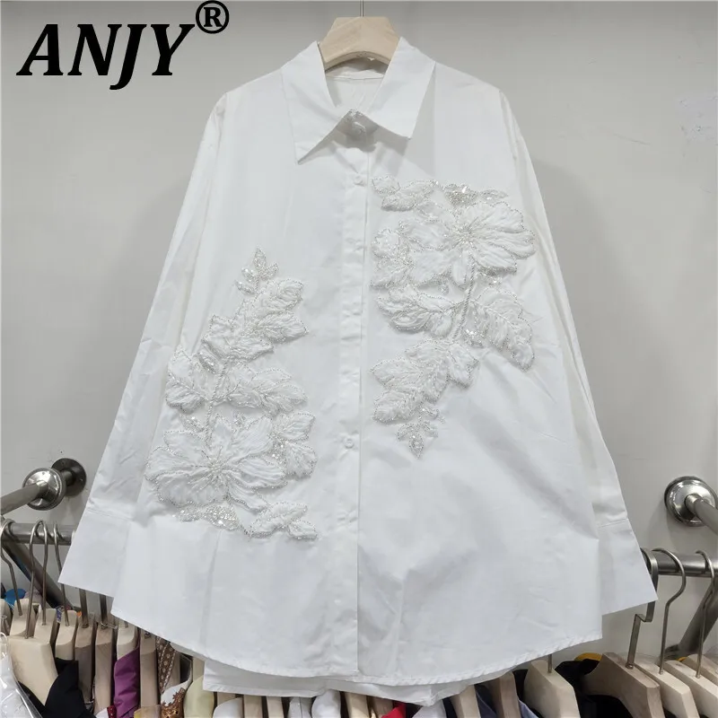 

ANJY Autumn New Women European Heavy Embroidery Lace Beaded Elegant Mid-Length Shirt Ins High-End Stylish Versatile Loose A17308