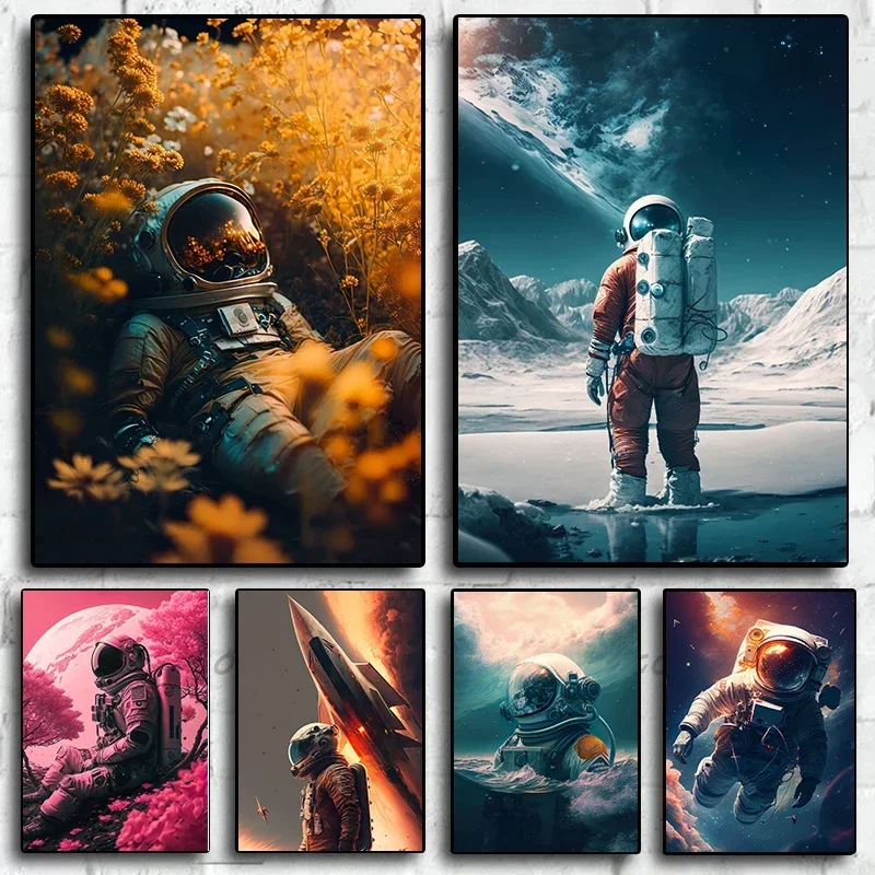 Fantastic Astronaut and Space Flower Smoke Bubbles Star Posters and PaintingCanvas Painting Wall Art for Living Room Home Decor