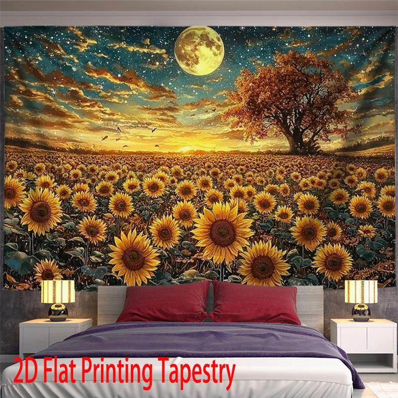 Sunflower Field Tapestry, Sunset Full Moon Lone Tree Starry Sky Rural Nature Art Wall Tapestry for Bedroom Living Room Decor