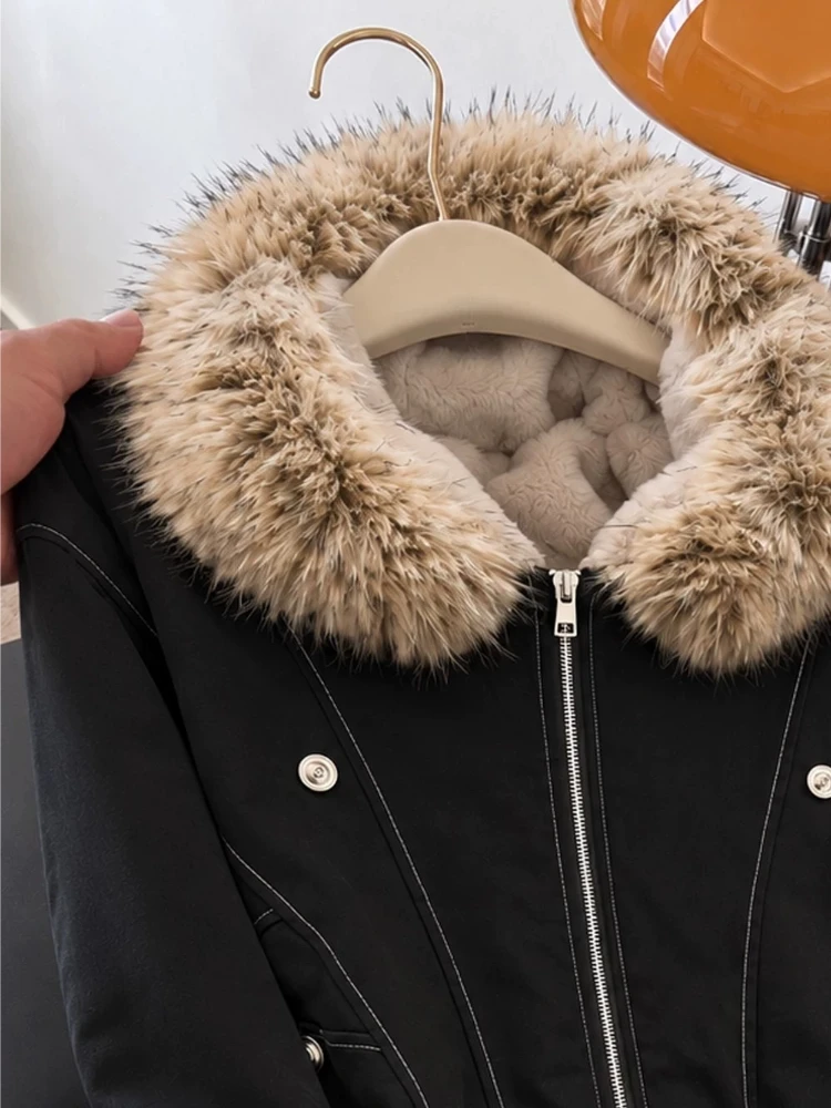Coat Women Trendy Faux Fur Collar Large Lapel Zip Open 3D Pocket Cut Fleece Lined Slimming Daily Travel Outerwear Jacket
