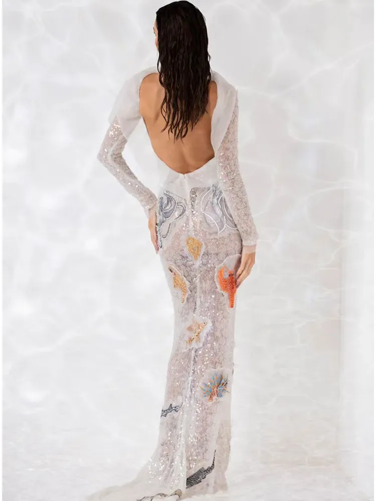 Women Summer Sexy Starfish Backless Mesh Sequins White Maxi Long Bodycon Dress 2023 Elegant Evening Party Club Dress