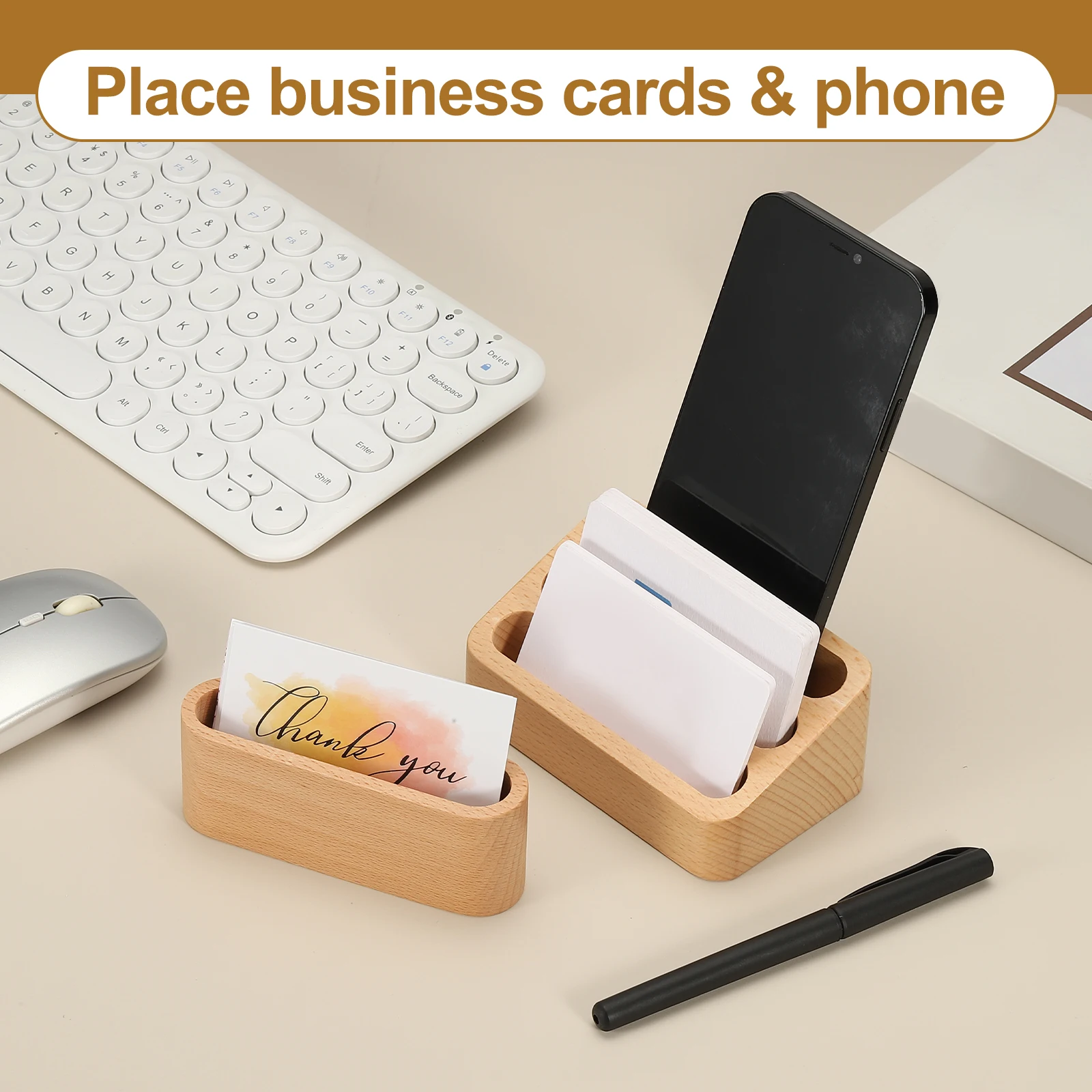 1/2Pcs Wood Desktop Business Card Display Stand Memo Holder Storage Box Beech Wood Card Organizer Office Business Card Holder