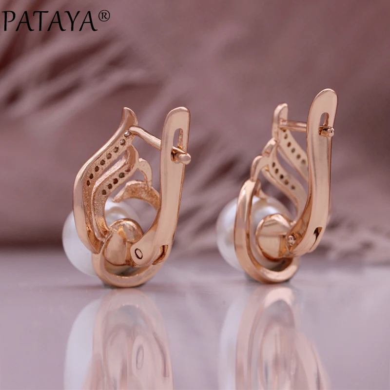 PATAYA Unique Pearl English Earrings for Women Fashion 585 Rose Gold Color Bridal Wedding Accessories Daily Fine Jewelry New