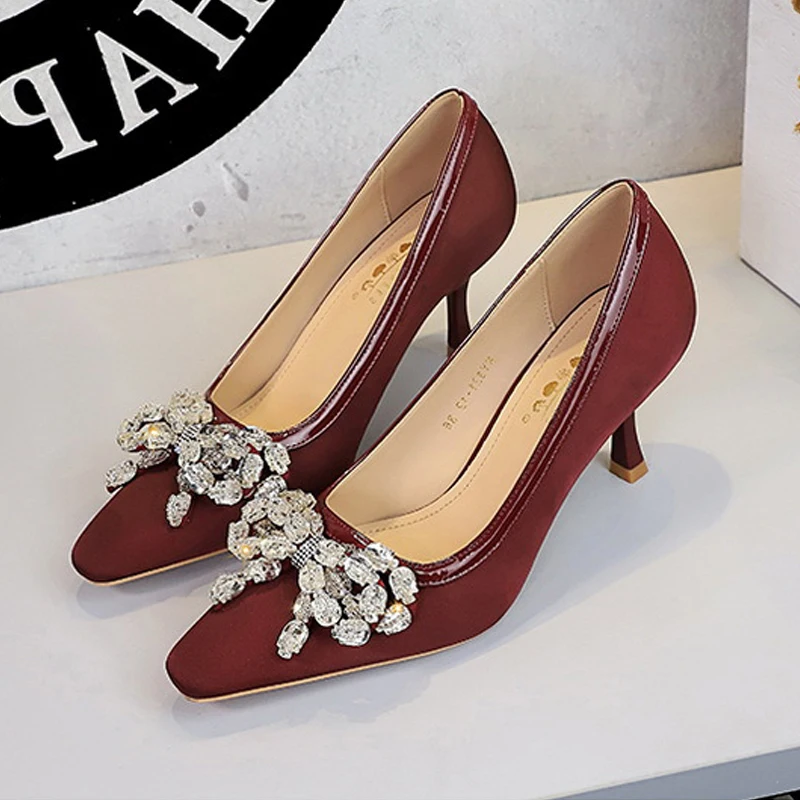 

Женские туфли BIGTREE на тонком каблуке с круглым носком и кристаллами, модные туфли для свадьбы и вечеринок, весна-осень, Zapatillas De Mujer