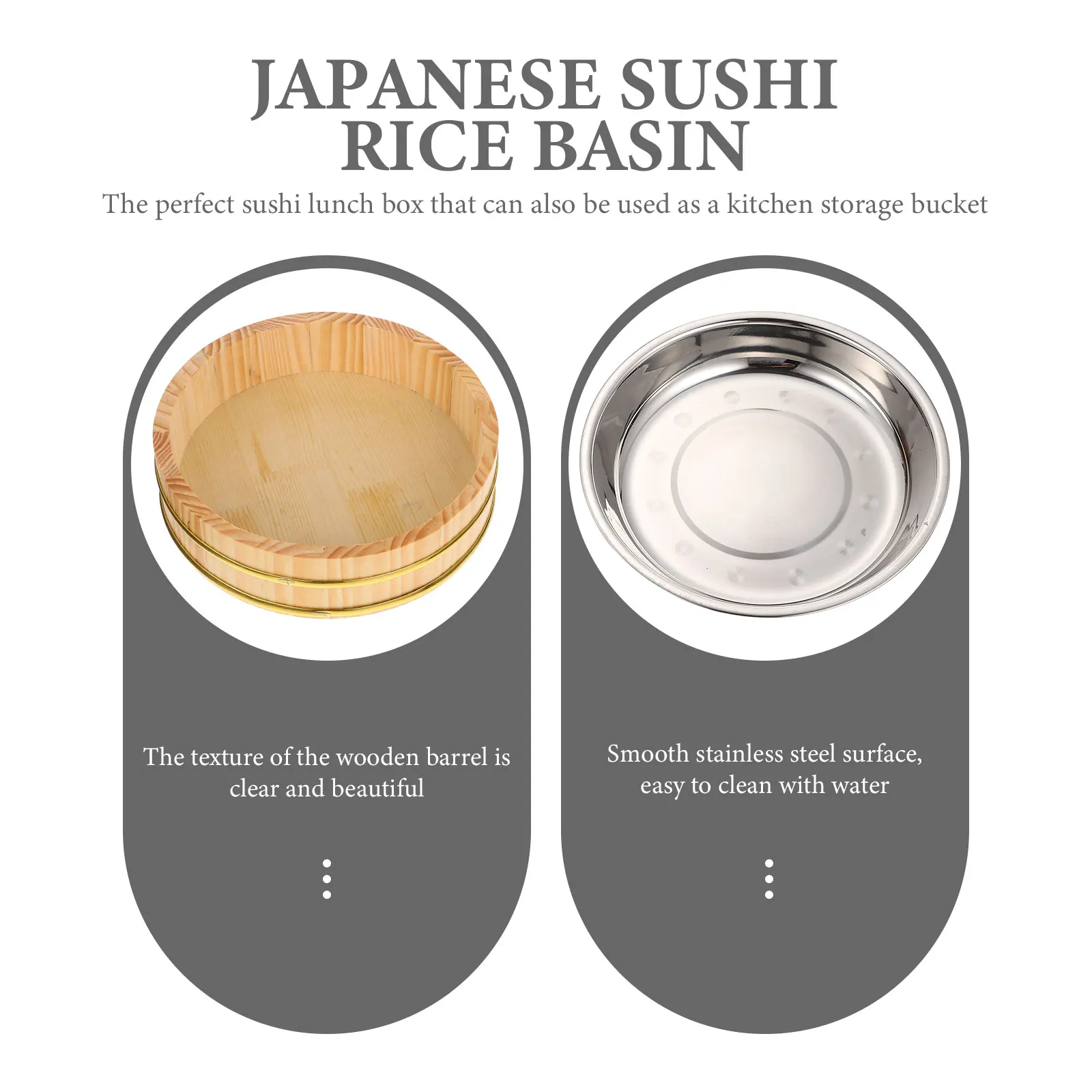 

1 set Wooden Bucket Rice Basin Kitchen Container Sushi Bowl Stainless Steel Japanese Korean Large Open Sturdy Easy