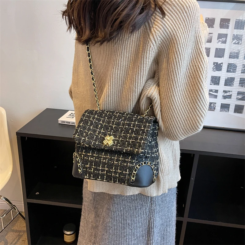 Classic Plaid Women Bags Woolen Brand Luxury Handbag Purse Flap Ladies Shoulder Bags Designer Chain Crossbody Bag FashionClutch