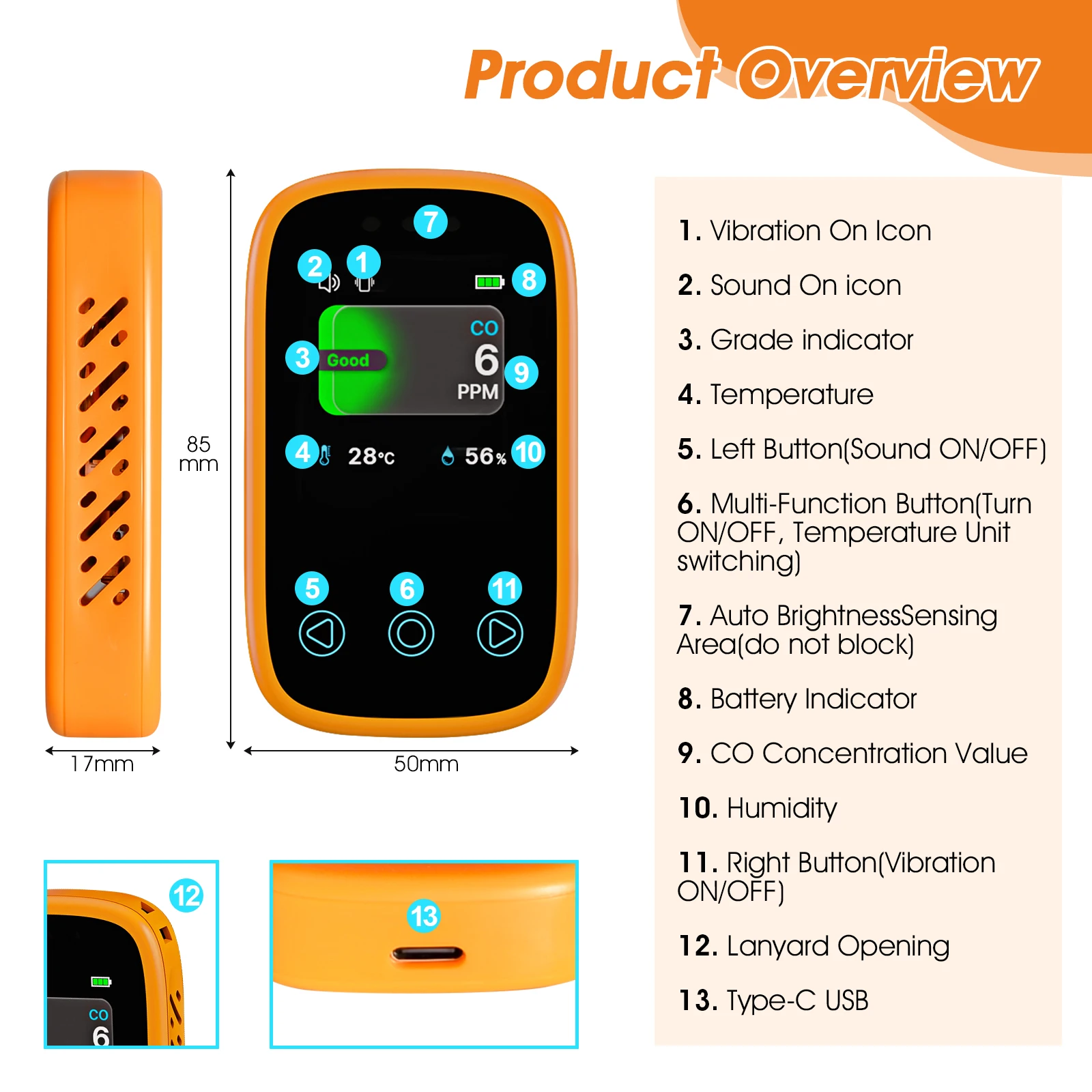 PV19-CO Carbon Monoxide Detector Alarm, Portable CO Gas Monitor with LCD Display, USB-C Rechargeable Home Security Safety Sensor