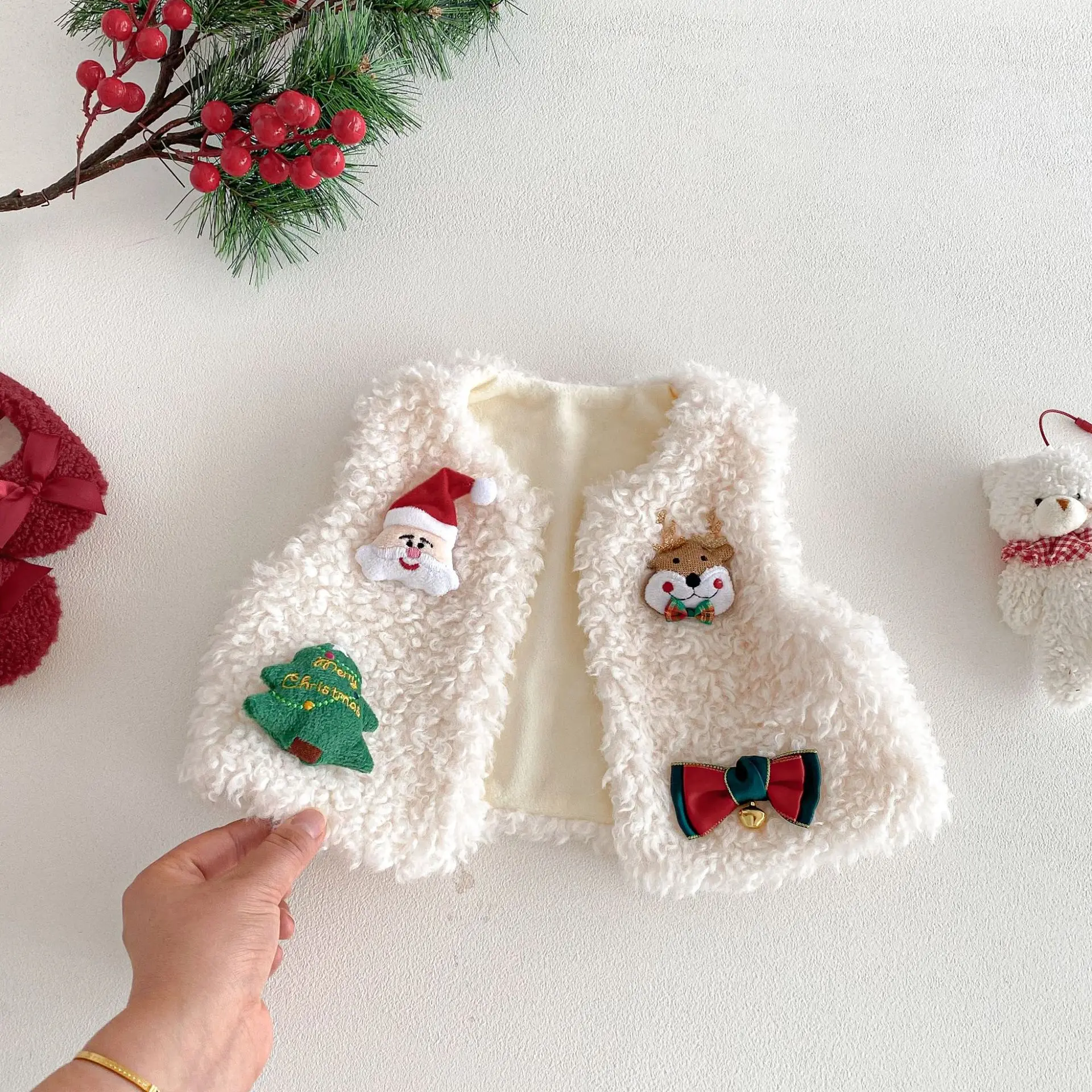 

Kids Christmas Fleece Lined Fuzzy Vest 0-5Y Girls Boys Cartoon Santa Reindeer Tree Warm Winter Sleeveless Jacket Festival Outfit
