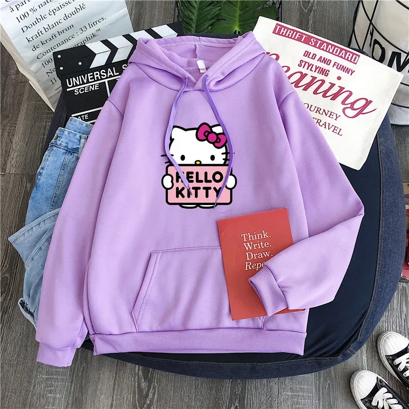 

2024 New Casual Women's Sweatshirts Sanrio Hello Kitty Kawaii Tops for Women Cute Hoodies Fashion Harajuku Long Sleeves Plus Siz