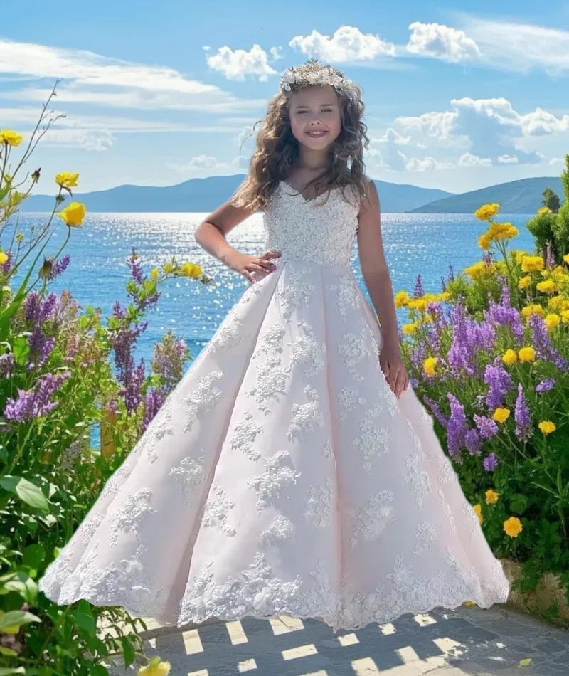 

Lovely Light Pink Sleeveless Little Princess Flower Girl Dress Satin Fluffy With White Applique For Wedding Birthday Party Gowns