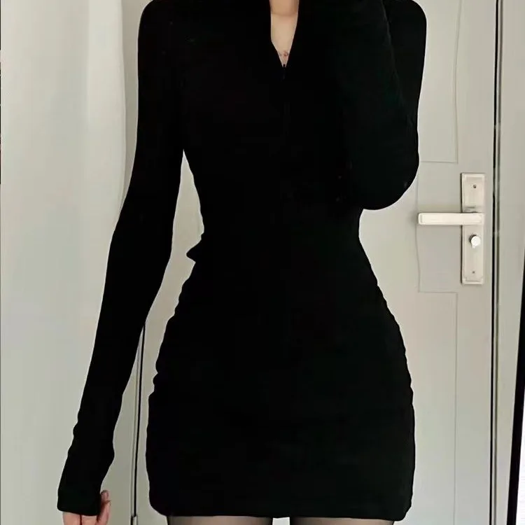 2025 الخريف الشتاء سترة متماسكة فستان بفتحة عنق على شكل v المرأة طويلة الأكمام الورك أنيقة سيدة bodycon مرونة ضيق صغير مثير فساتين ضئيلة
