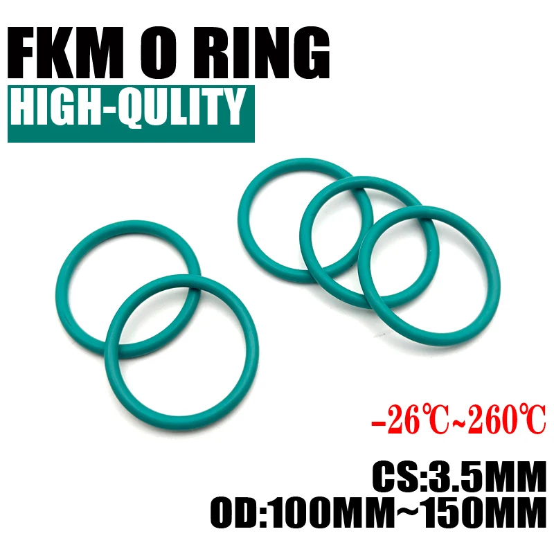 

5Pcs FKM Fluorine Rubber O Ring Sealing Gaskets Thickness CS 3.5mm OD 100~150mm Insulation Oil High Temperature Resistance Green