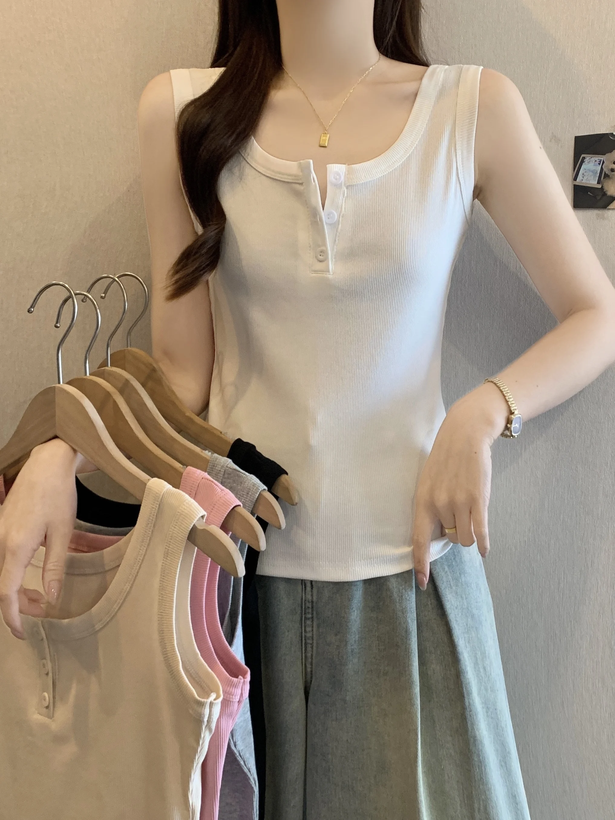 

Women's Cotton Button-Up Svel Vest Spring Summer New Sle plus Size Slim Fit Inner Wear Base irt Outdoor Casual