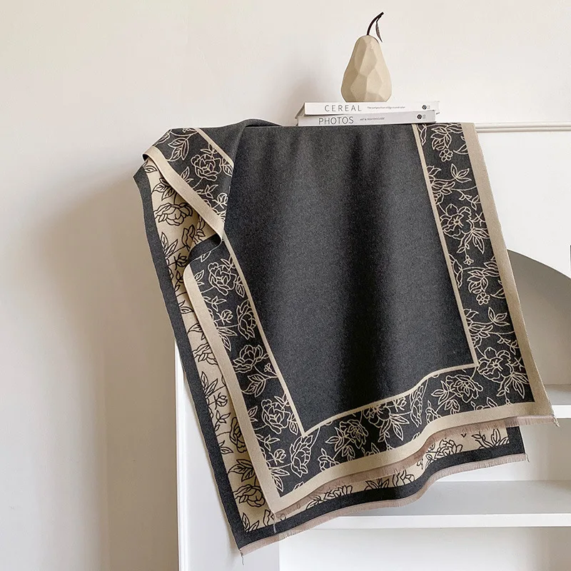 Women Elegant Floral Border Shawl Scarf, Double Sided Imitation Cashmere Thick Warm Wrap, Fringe Locked Edge Fall Winter Scarves