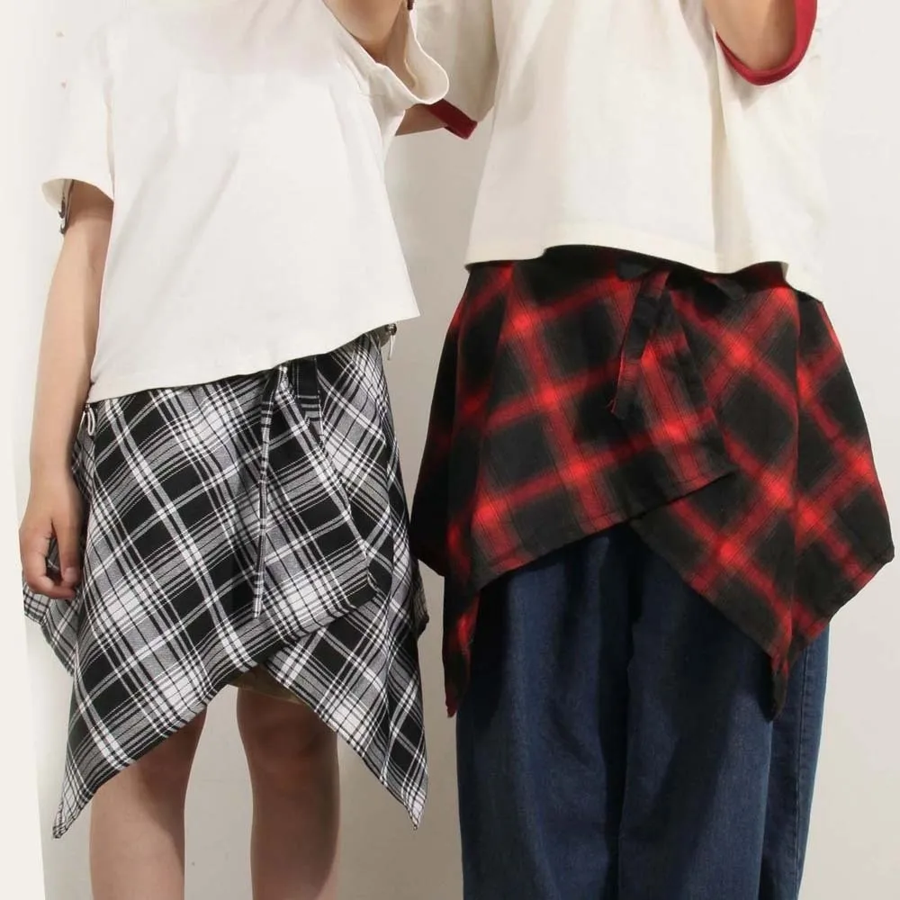 

Fashion Korean Style Plaid Skirt Belted Irregular Hip-hop a-line Shortskirt Underskirt Y2K Waist Seal Skirt Party