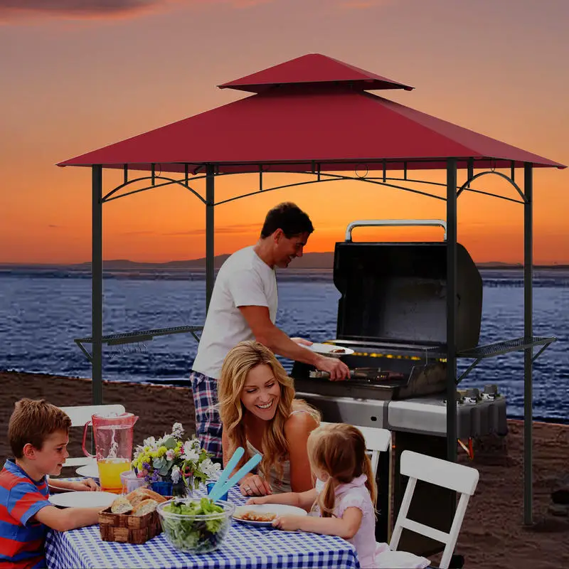 

Outdoor Double-Tiered Grill Gazebo Canopy with 2 Shelves and 7 Hooks-Red