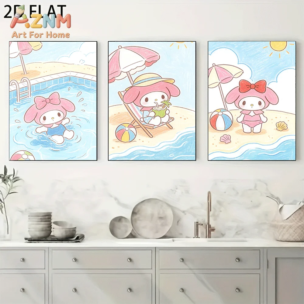 AZNM My Melody Canvas Wall Art Unframed Cute Cartoon Print Poster Beach Pool Sun Umbrella Beach Ball Crayon Drawing Style Design