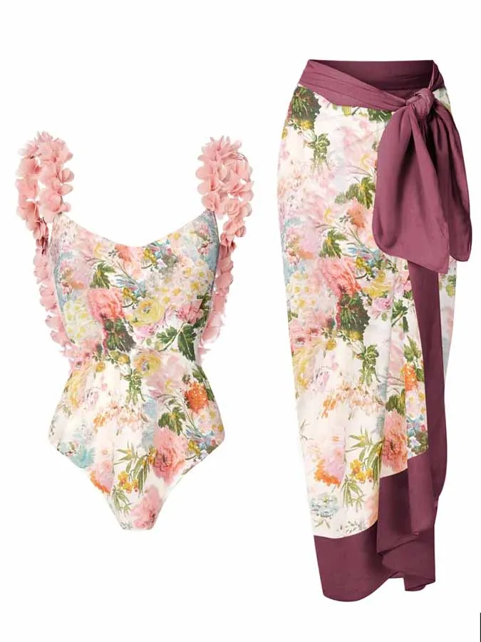 Fashion Floral Print One-piece Three-dimensional Petal Halter Bikini Swimsuit Youth Vintage Ladies 2023 New Design With Covers