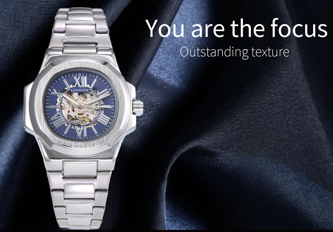 LONGLUX HOT SALE NEW Automatic Mechanical Men Watch Rome Business Waterproof Skeleton Luminous Stainless Steel Gift Watch