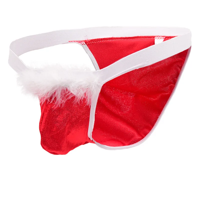 Velvet Men's Erotic Underwear Christmas Red Sexy Triangle Panties White Fur Smooth Male Low Rise Briefs Nightclub Gifts for Man