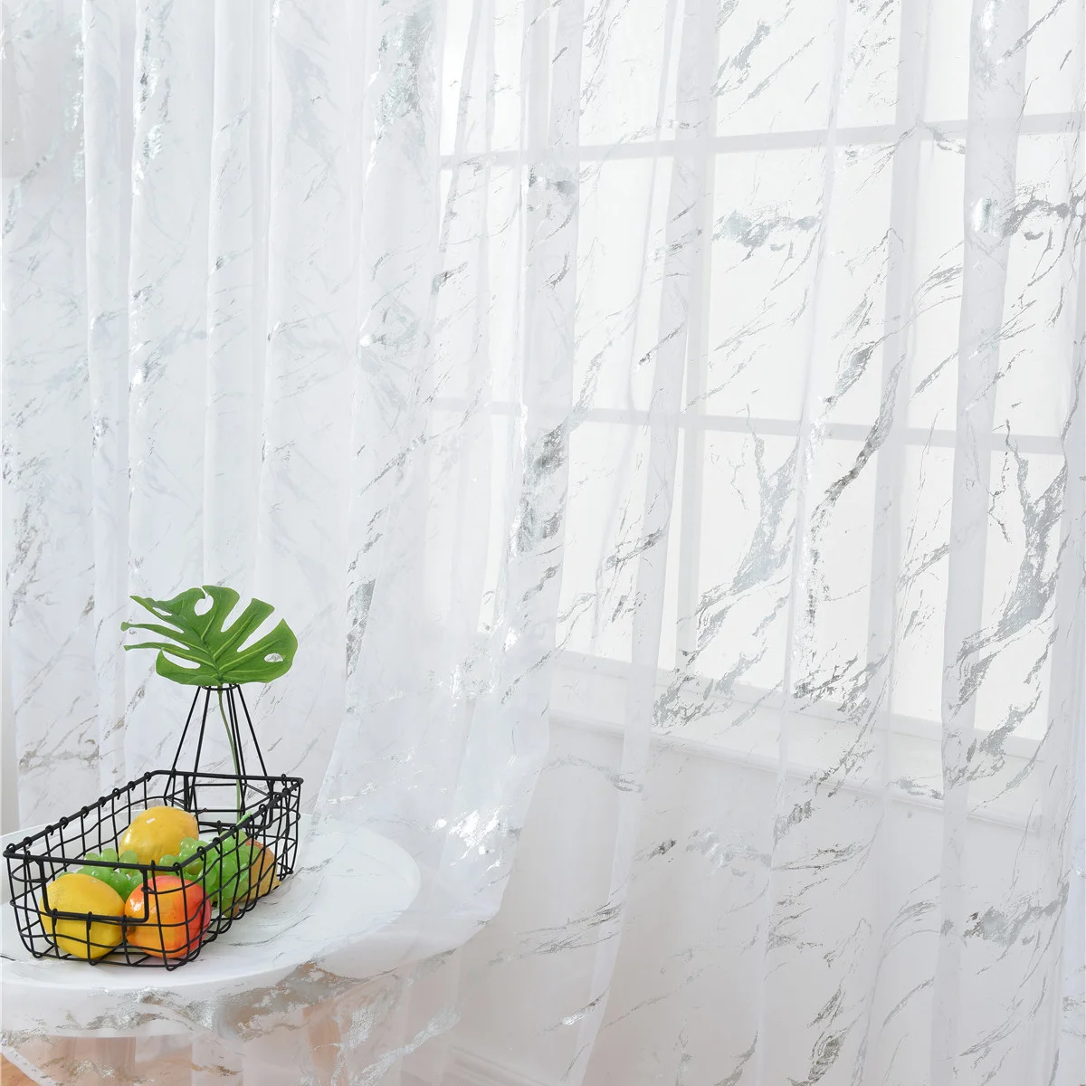 

1Pcs Minimalist Marble Texture Bronzing Sheer Curtain Silver Rod Shading Voile for Living Room Bedroom Decorative Window