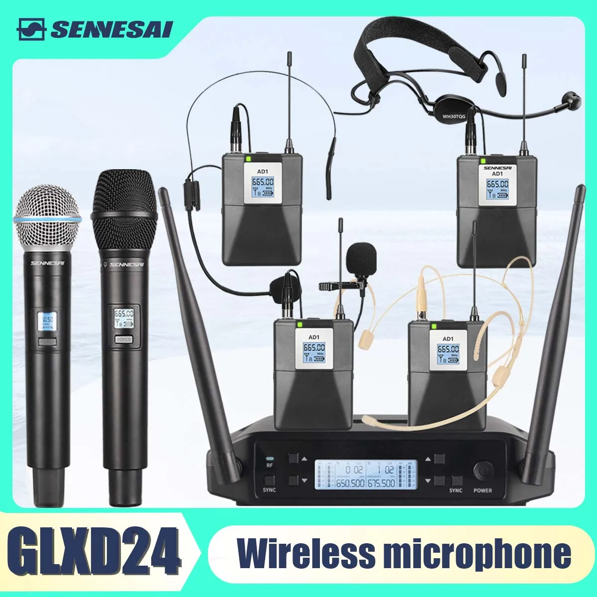 GLXD24  B58 Professional Dual Wireless Microphone 600-699MHz System Stage Performances UHF Dynamic 2 Channel Handheld