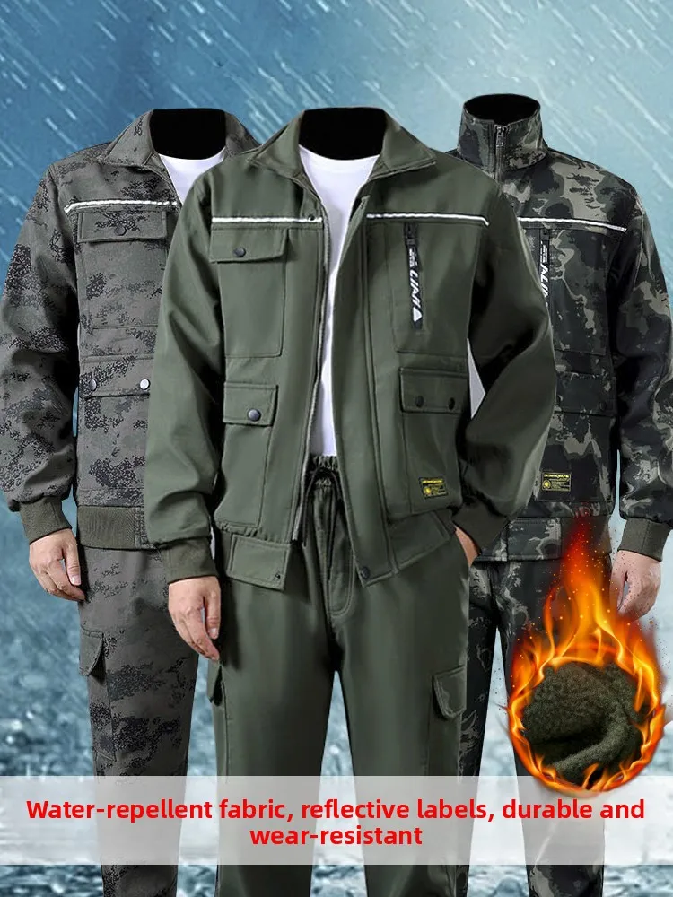 厚手フリース冬用迷彩作業服セット-防水保温労働保護スーツ-工場作業員用-長袖ジッパー付き
