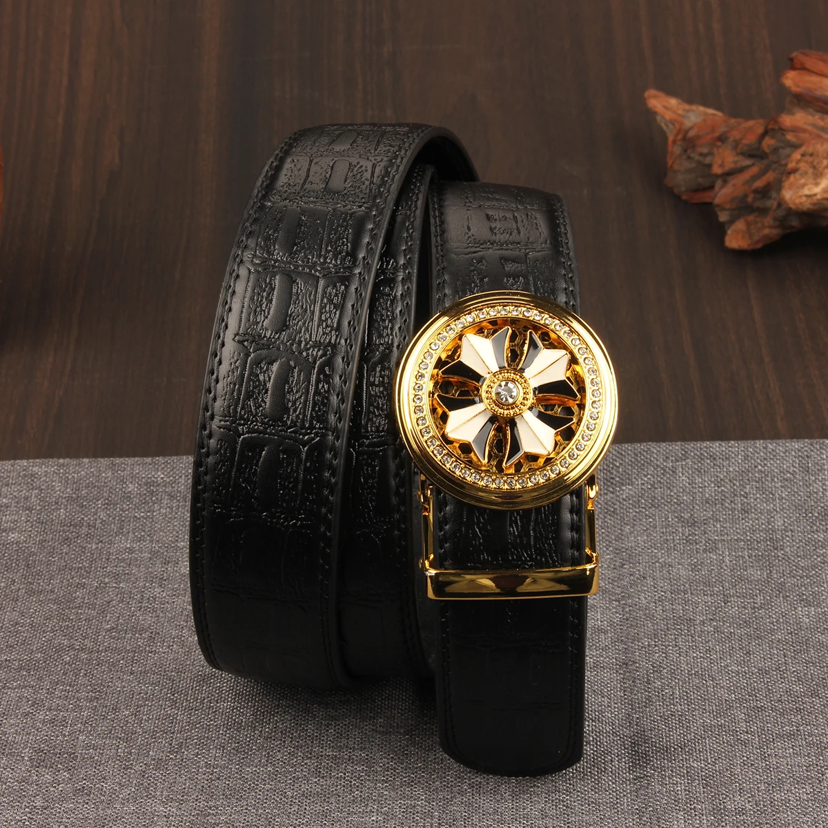 クロコダイル柄ビジネスメンズベルトファッションダイヤモンド自動バックルカジュアルフェイクレザーベルト男性用