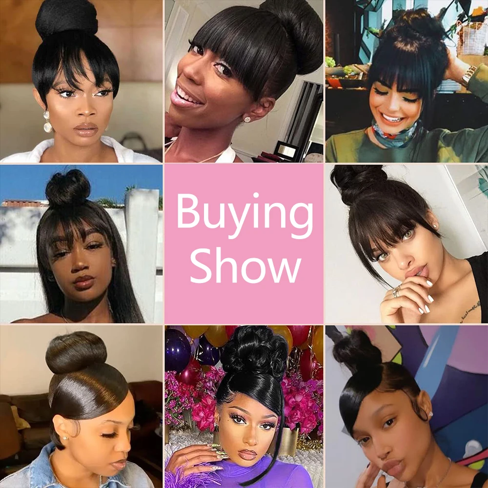 Elegant Black Apple Hair Bun with Bangs for Women - Synthetic, Includes Stylish Hairpiece + Bangs