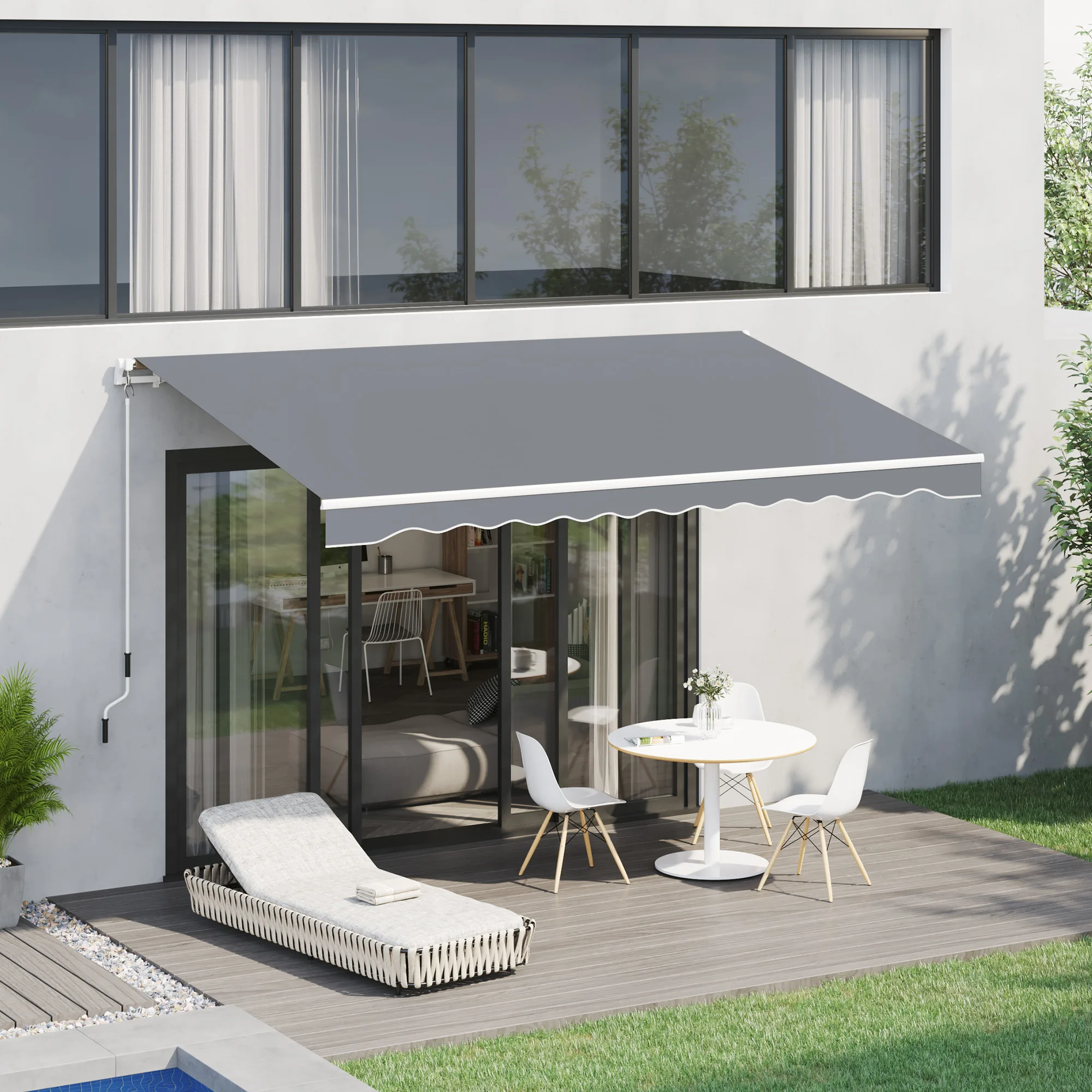 Outsunny Toldo Manual Retráctil 395x245 cm, Toldo Exterior Terraza con Ángulo Ajustable, Brazo Articulado, Montaje a Pared, Estructura de Aluminio, Anti-UV e Impermeable, para Jardín, Gris