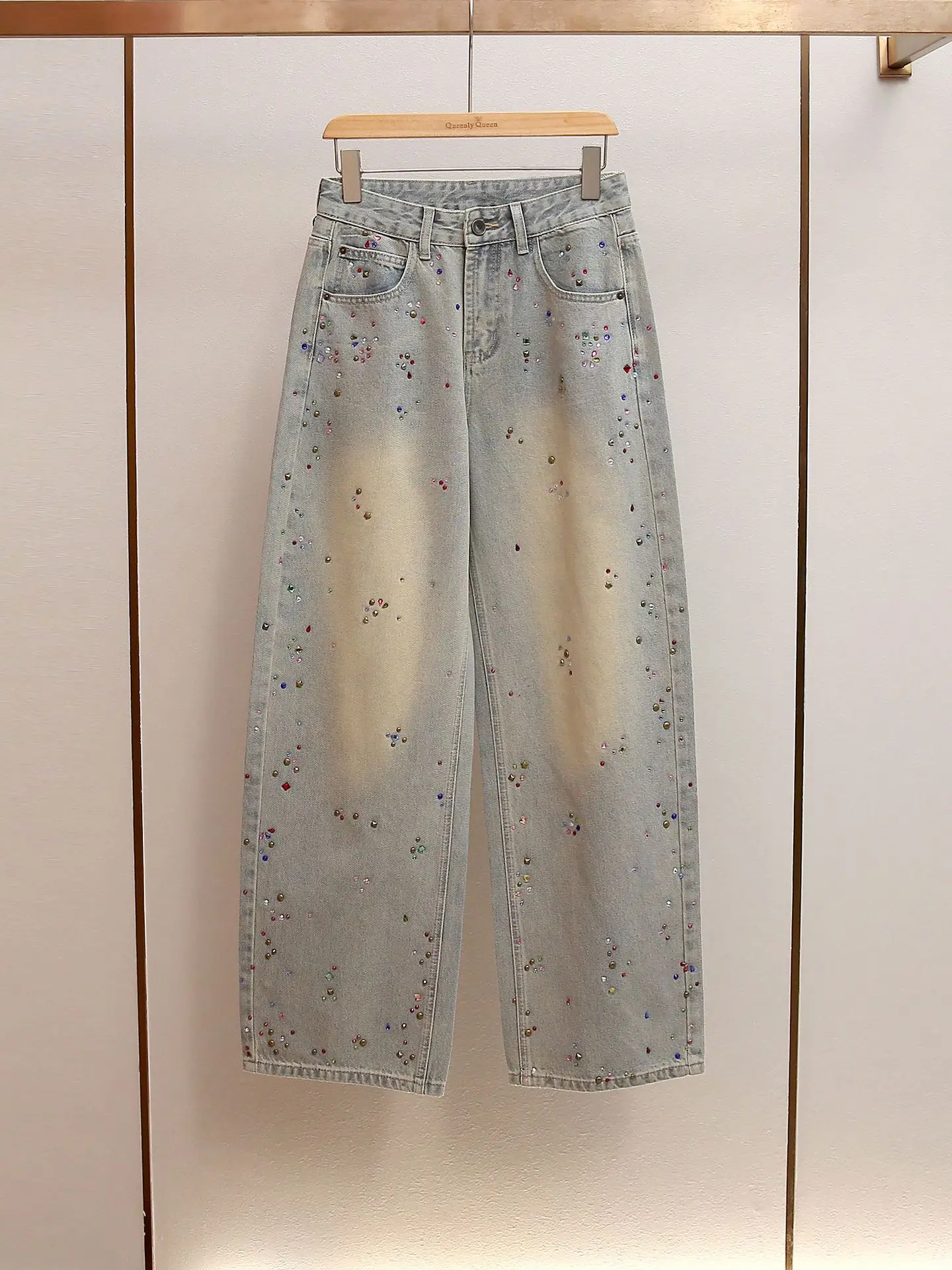 

High-end women's autumn winter new retro versatile A-line high-waisted rhinestone-embellished washed wide-leg jeans damen hose