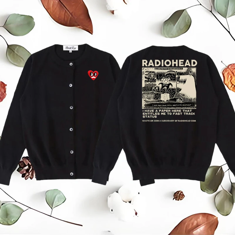 

Radiohead Tour Rock Boy Printing Women Cardigan Red Eyes Beard Heart Embroidery Cotton O-Neck Single Breasted Lady Sweater