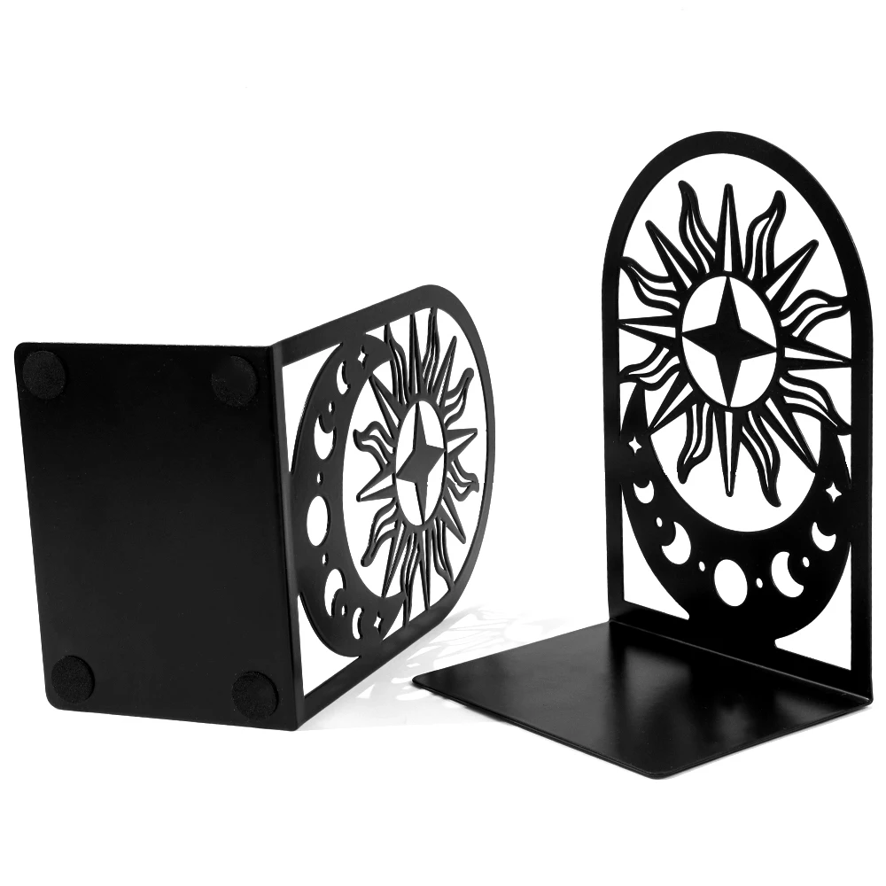 1 Pair of Acotar Black Metal Bookshelves, Designed with Sun and Moon Patterns, Sturdy and Non Slip, Suitable for Book Lovers.