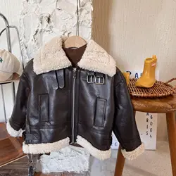 Boys Girls Winter Leather Jacket Zipper Warm Turn-down Collar Children Coat Fashion Wool Lining Thick Kids Outerwear